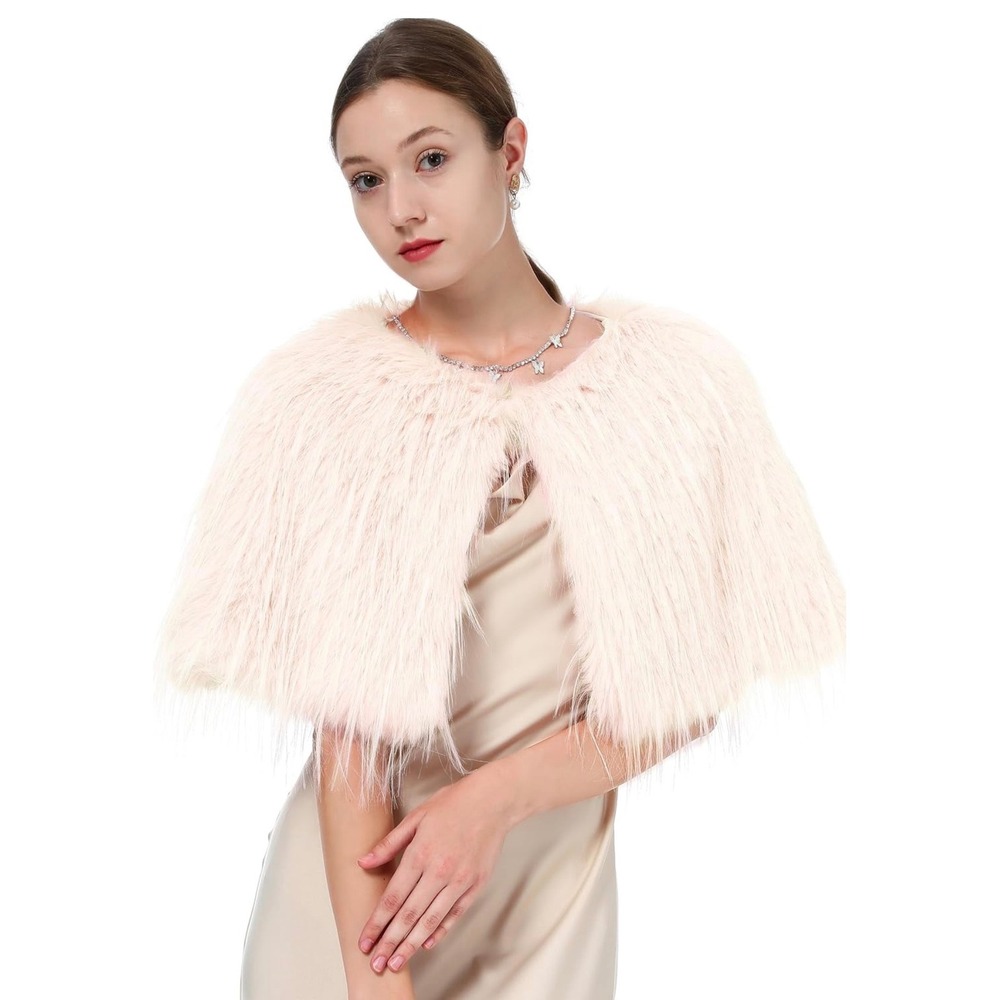 Women Winter Faux Fur Wraps Shawls Warm Cape Cocktail Party Wedding NIP Cream